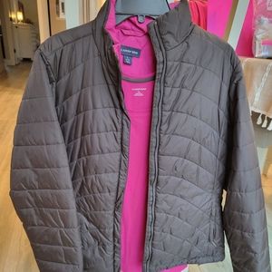 Lands End puffer jacket Large, 2 matching shirts & gloves Brown Fuschia